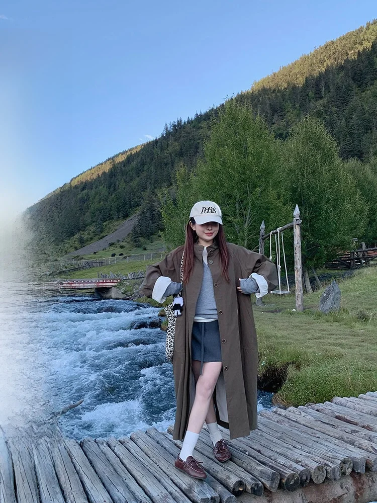 

EVNSLE London Осенний винтажный длинный плащ для женщин, темно-синий, в стиле ретро, ветровка с одной пуговицей, на полную длину