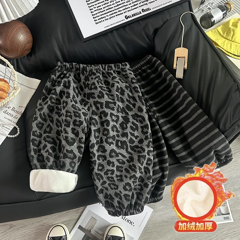 1554 Kids Fleece Lining Pants Autumn Winter Girls Thicken Plus Velvet Warm Trousers Baby Leopard Stripe Casual Harem Pants 1-8 Y