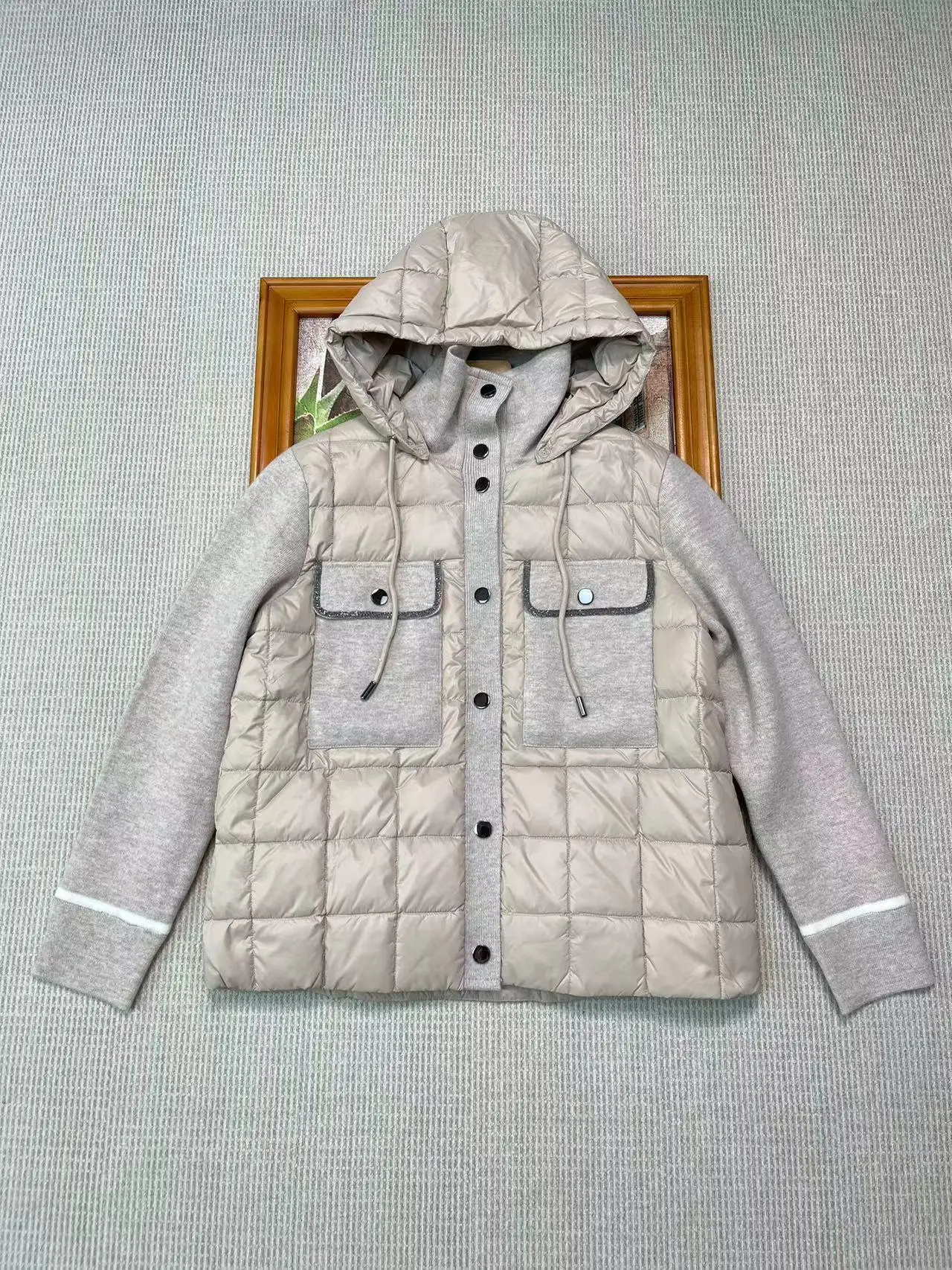 Luxurious casual hooded goose down filled cashmere cardigan