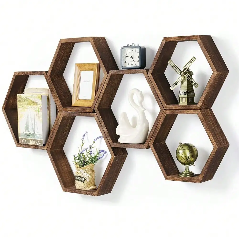 Set Of 6 Hexagon Floating Shelves Farmhouse Honeycomb Wood Wall Storage Shelf