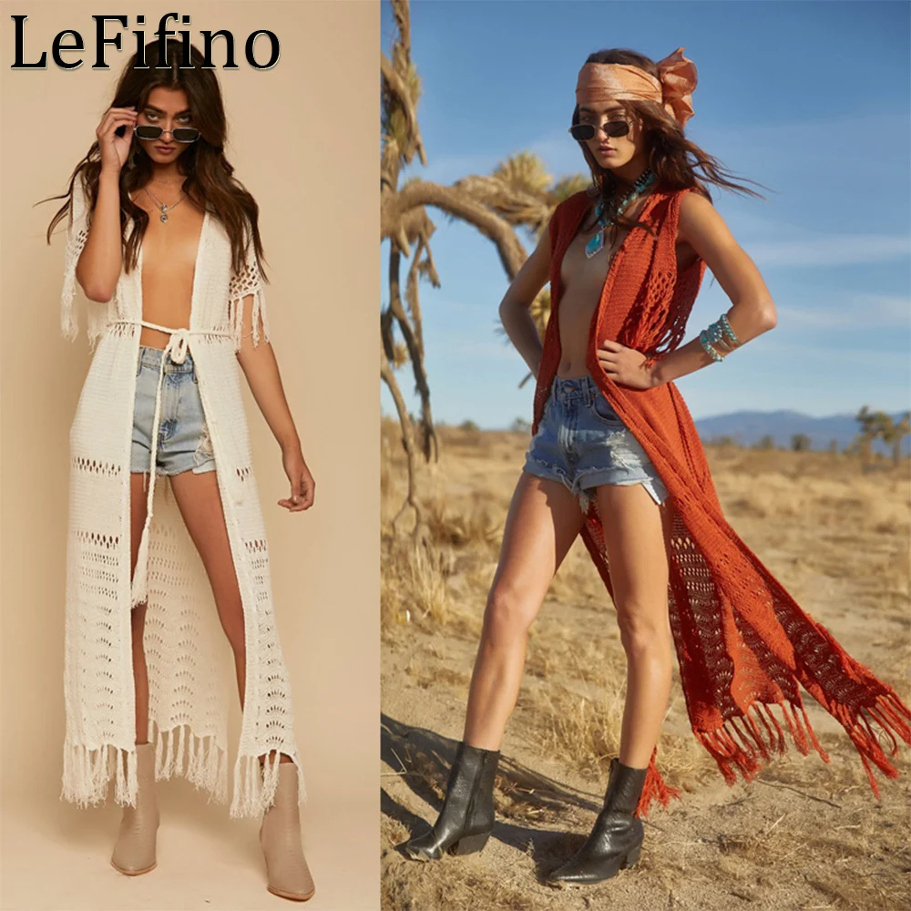 

Summer Tassel Knitted Long Cardigans With Braided Waistband Solid Color Hollowed Out Robe Sun Protection Outwear Bikini Cover Up