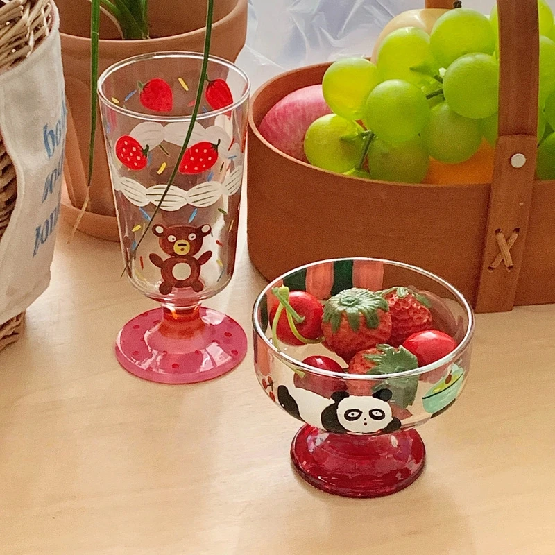جميل Rilakkuma رسمت باليد الفراولة الباندا كأس زجاجي الحلوى أكواب الآيس كريم وأطباق من العصير كؤوس النبيذ الأحمر