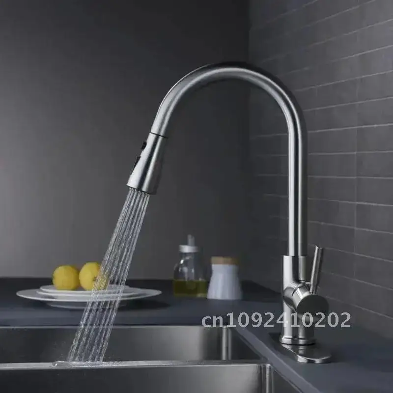 Kitchen Faucet Hot and Cold Rotatable 304 Stainless Steel Pull-out Basin with Faucet Vegetable Piping Sink Retractable Baseplate