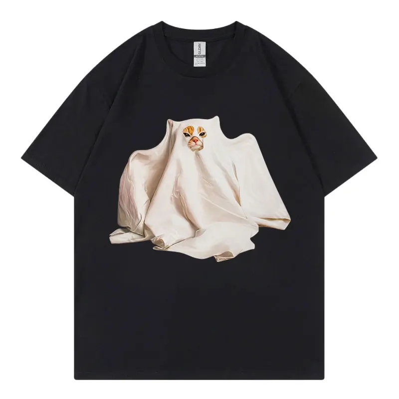 Funny Ghost Kitten Meme Graphic T Shirts Men Women Clothing Gothic Fashion T-shirts Summer Casual Cotton Short Sleeve T-shirt