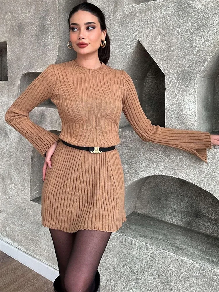 Dress Mini Sweater rajut wanita, pakaian rajut perca bergaris lengan panjang pinggang tinggi longgar