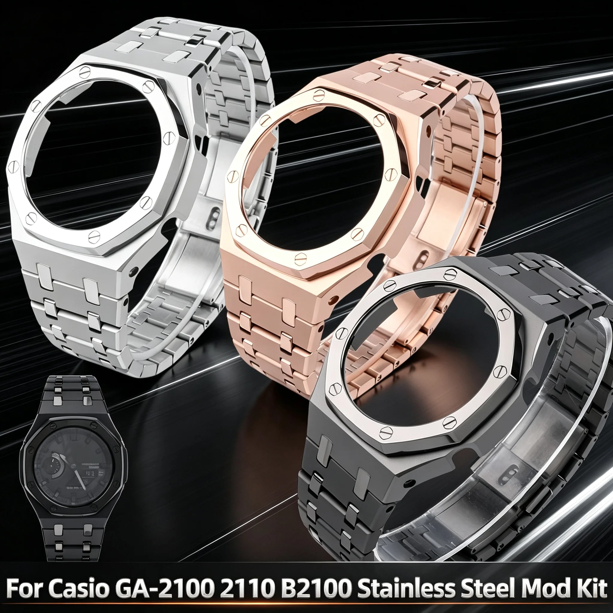 For Casio GA-2100 GA-2110 Stainless Steel Watch Mod Kit Casioak GA2100 GAB2100 Bright Metal Watch Band Upgrade Replacement Case