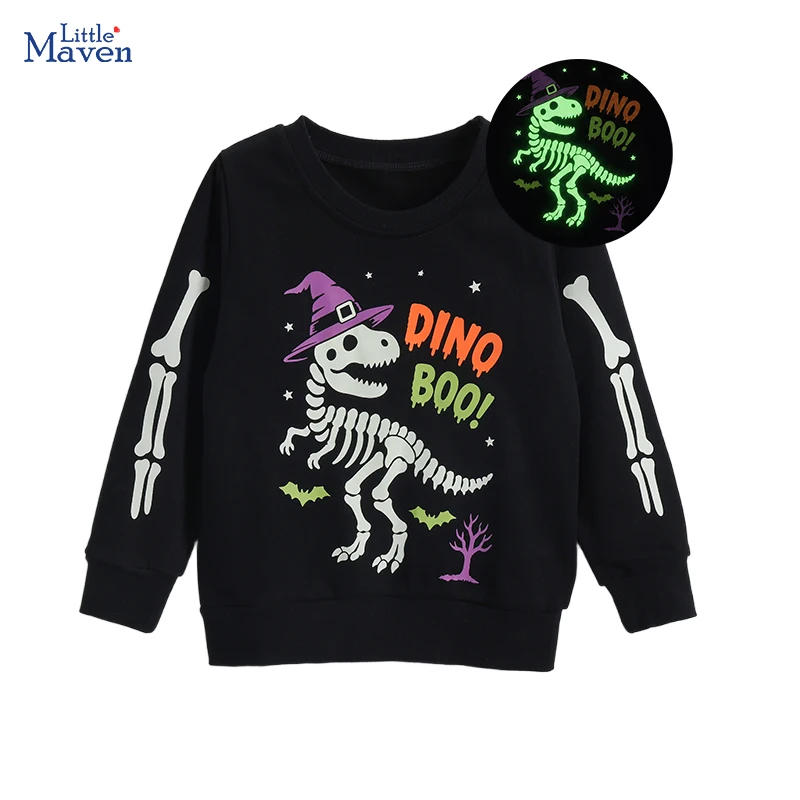 Little Maven Frühling und Herbst Baby Jungen Neues Halloween-Leuchtdinosaurier-Skelett-Oberteil aus Baumwolle für Kinder von 2–7 Jahren
