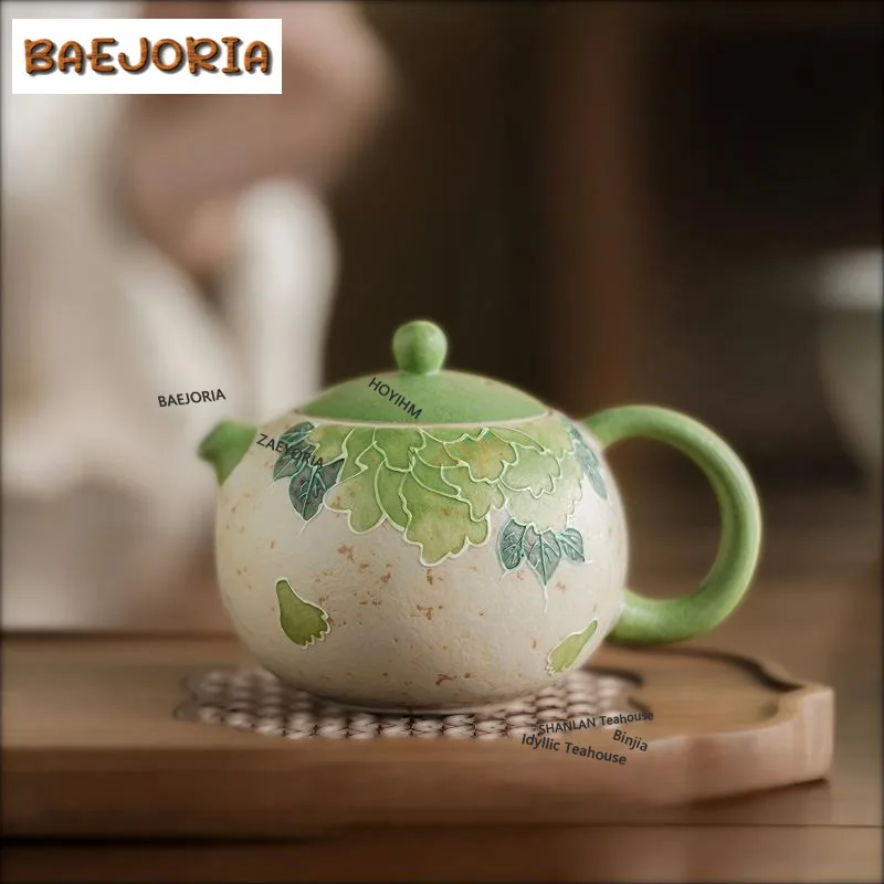 BAEJORIA 200ml Brownish Green Hand-painted Peony Teapot Zen Tea Infuser Pot Tea Brewing Kettle With Strainer Teaset Collection