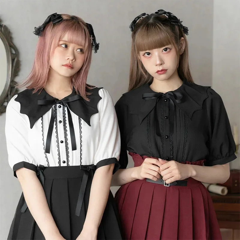 Japanese Style Mine Series Bat Collar Bow Elegant Short Sleeve Shirt Lolita Summer Women Top Summer Fashion Casual Blouse Female