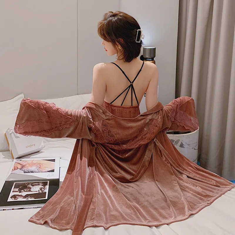 Sexy Lace Velour Robe Suit Sleepwear Intimate Lingerie Female Sleep Set Novelty Hollow Out Kimono Bathrobe Gown Homewear