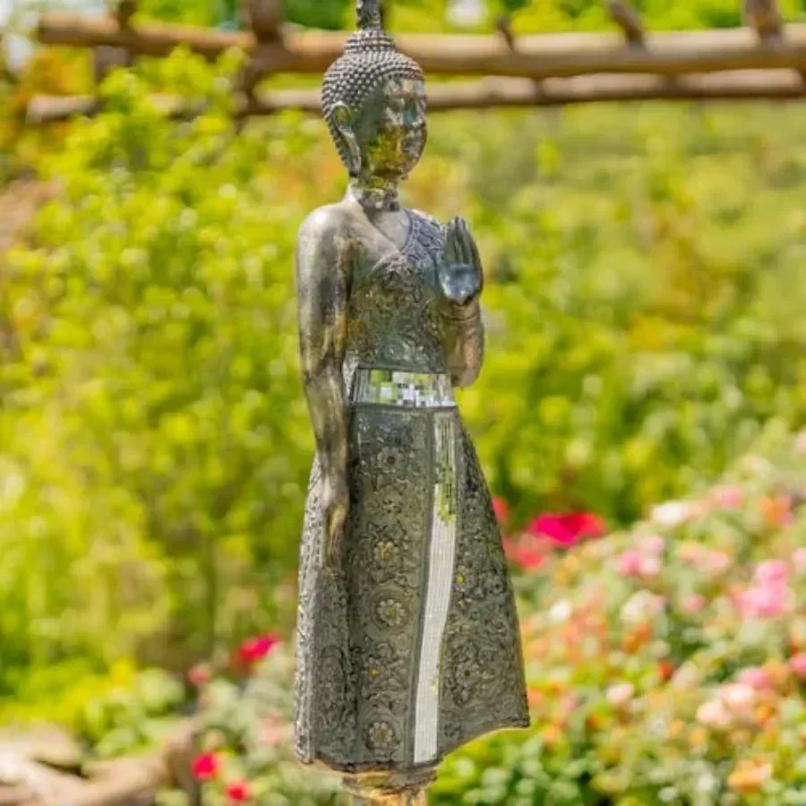 Standing Buddha Statue for Home Decor, Polyresin, Frosted Silver, 37.8 Inches Tall, Elegant Spiritual Accent