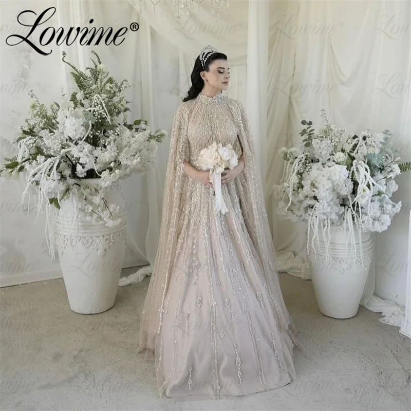 

Dubai Cape Sleeve Full Beads Crystal Evening Dress Woman Elegant Middle East Arabic Prom Party Dress Customize Long Wear Plus