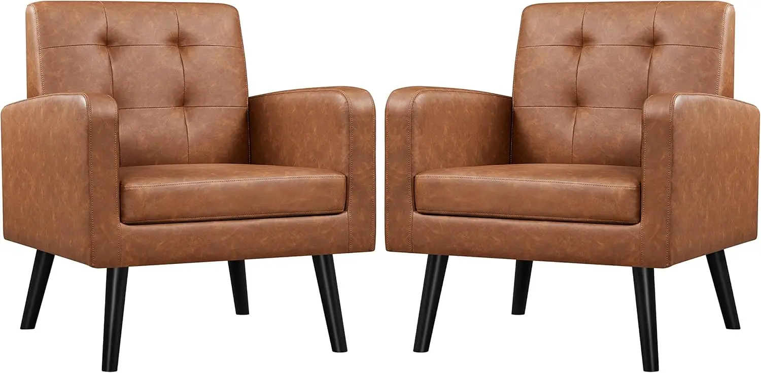 

Mid-Century Accent Chairs PU Leather Modern Upholstered Living Room Chair Retro Brown 2 PCS Cozy Armchair Button Tufted Back