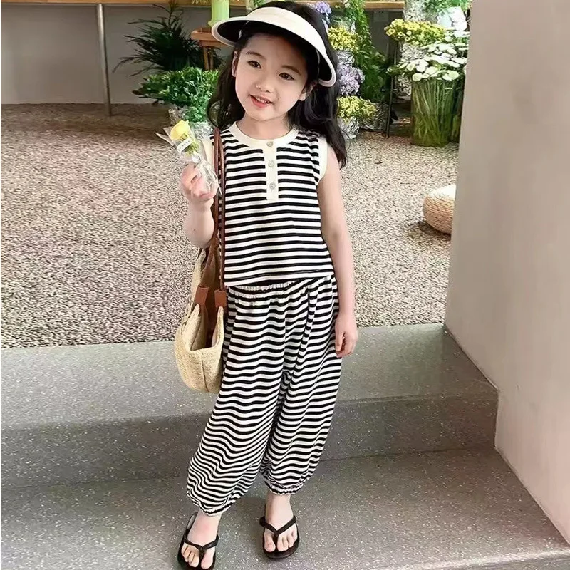 2026 Korean Children's Clothing Striped Sleeveless Top Shorts + Pants 3 Pcs Sets Toddler Girl Clothes Summer Causal Clothes