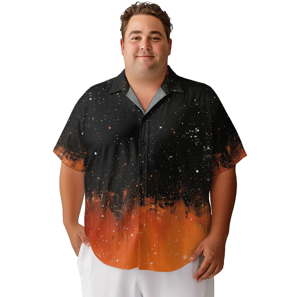 2024 new  Men's shirts plus size Orange rear cargo patchwork black starry sky printed clothing casual short-sleeved