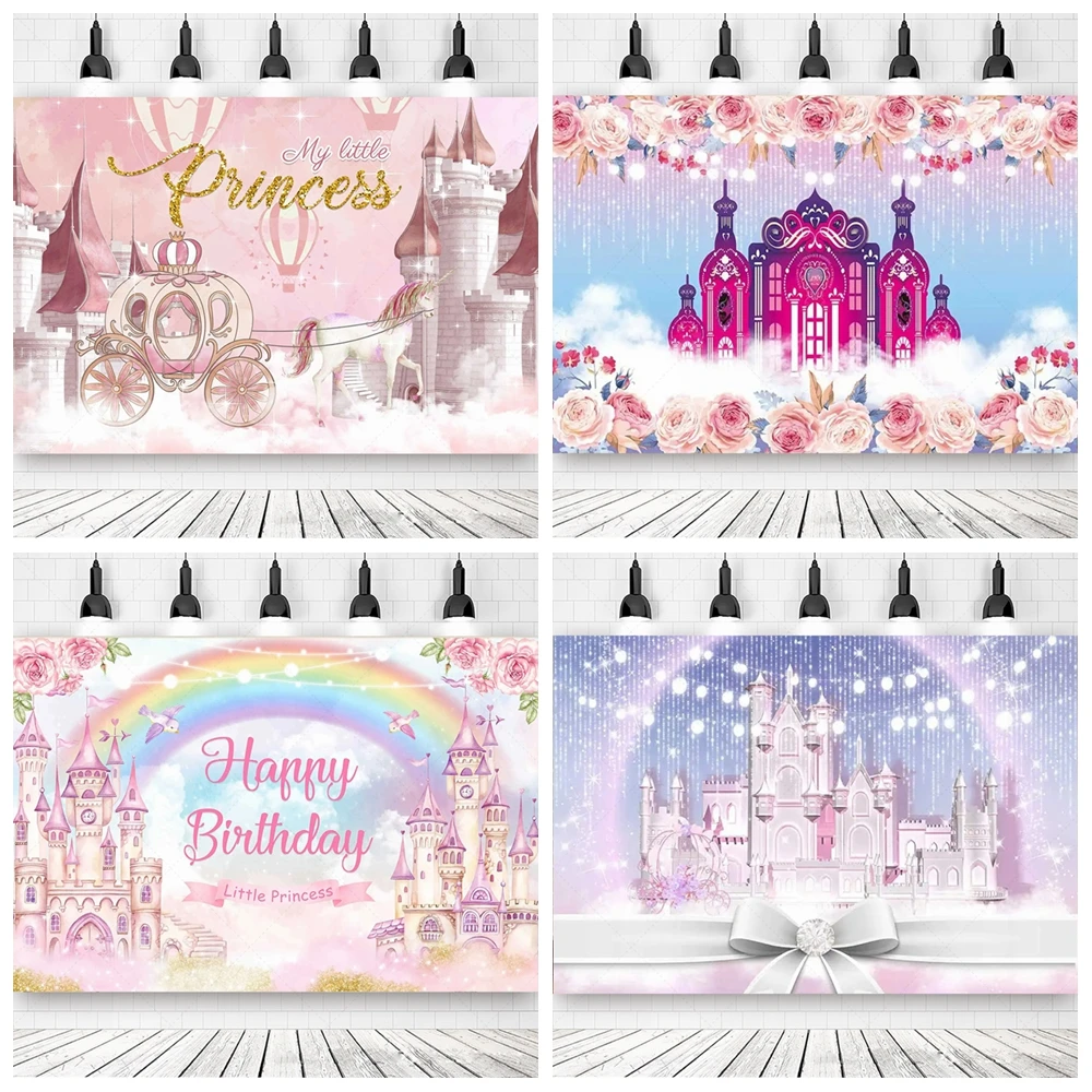 

Fairy Tale Castle Baby Shower Birthday Background Princess Prince Girl Boy Crown Flower Photography Cake Table Decoration Props