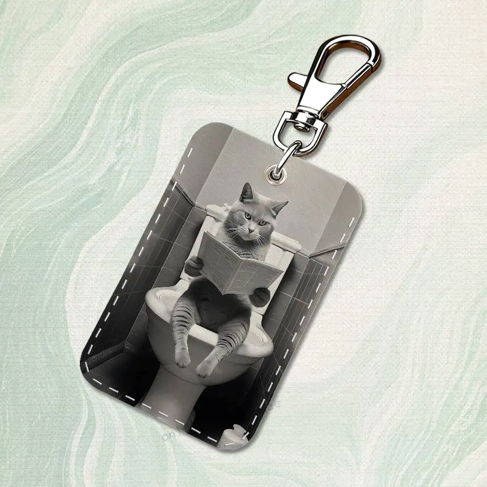 재미있는 예술 뚱뚱한 고양이 화장실 직사각형 카드 케이스 키체인 액세스 카드 가방 키 태그 링 가죽 카드 홀더 키 링 액세스
