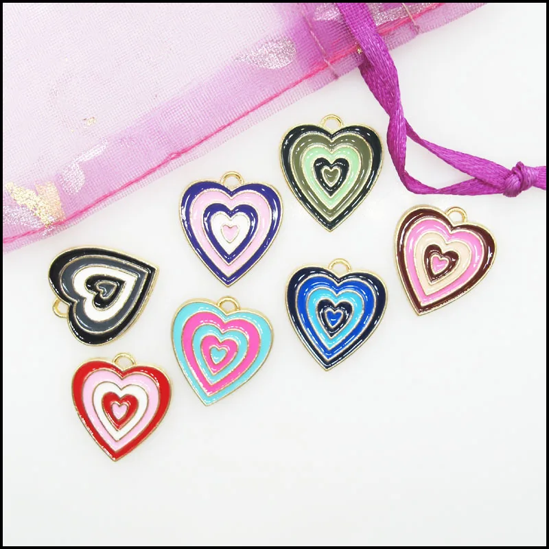 12 New Heart within Heart Charms Oily Pendants KC Gold Color Mixed 16x18mm