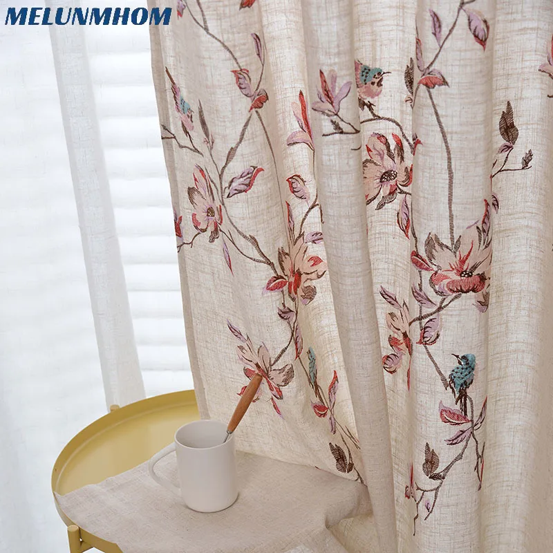 Cotton Hemp Embroidered Flowers Bird Design Shade Curtains in Bedroom White Tulle Sheer Window Drapes For Living Room