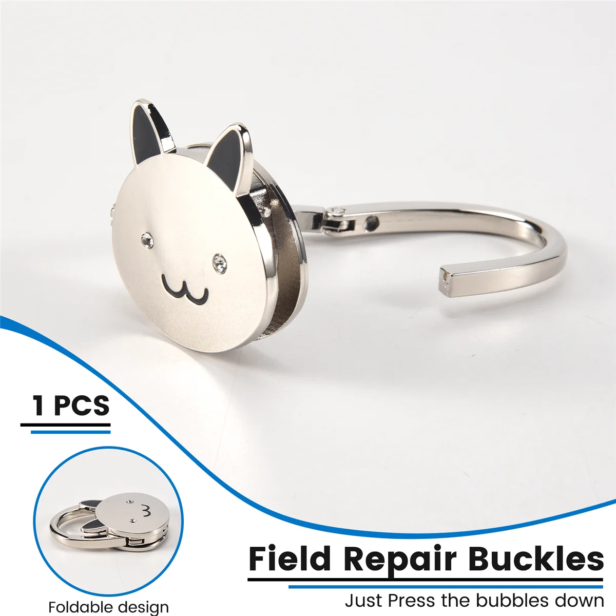 High-end Black Cat Cartoon Foldable Silver Tone Handbag Hook Antislip Rubber Base