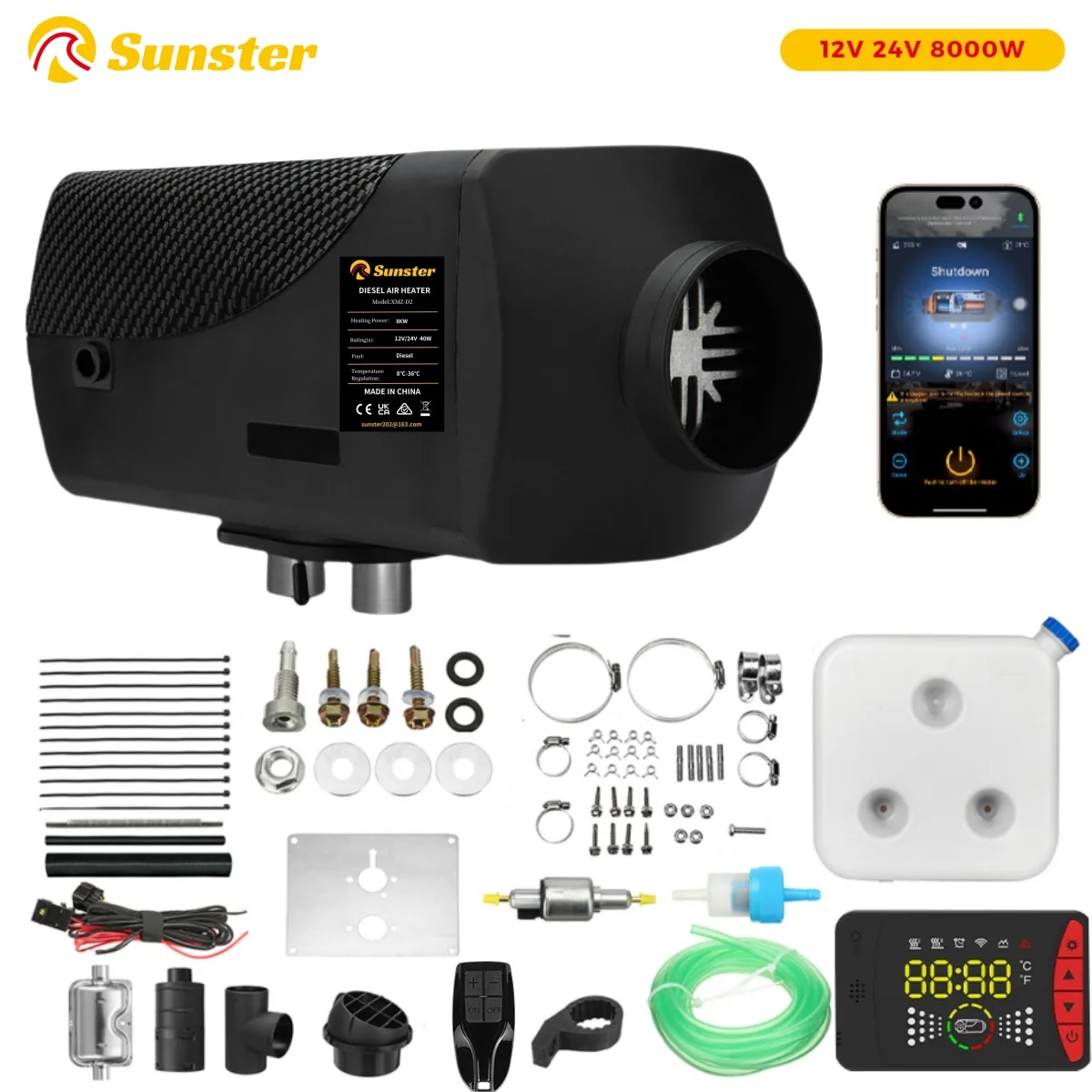 8KW portable Diesel Air Heater 12V&24V bluetooth App & Remote Control w/Automatic Altitude Night Heater for RV tent campervan