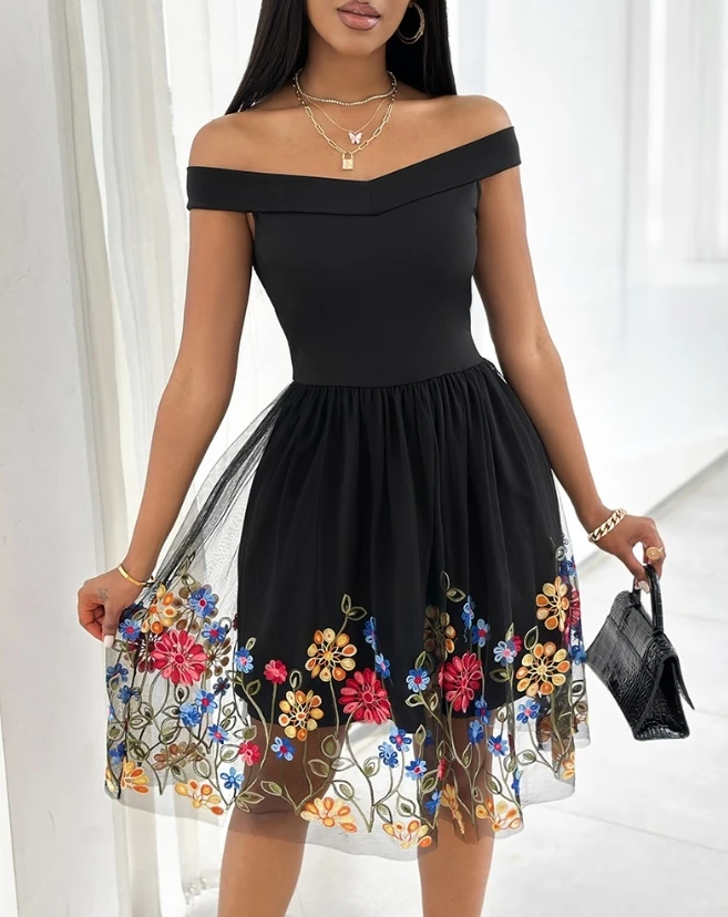 Flower Embroidered Off Shoulder Midi Dress A-Line One Line Neck Card Shoulder Short Sleeve Knee Length Popular Women's Dress