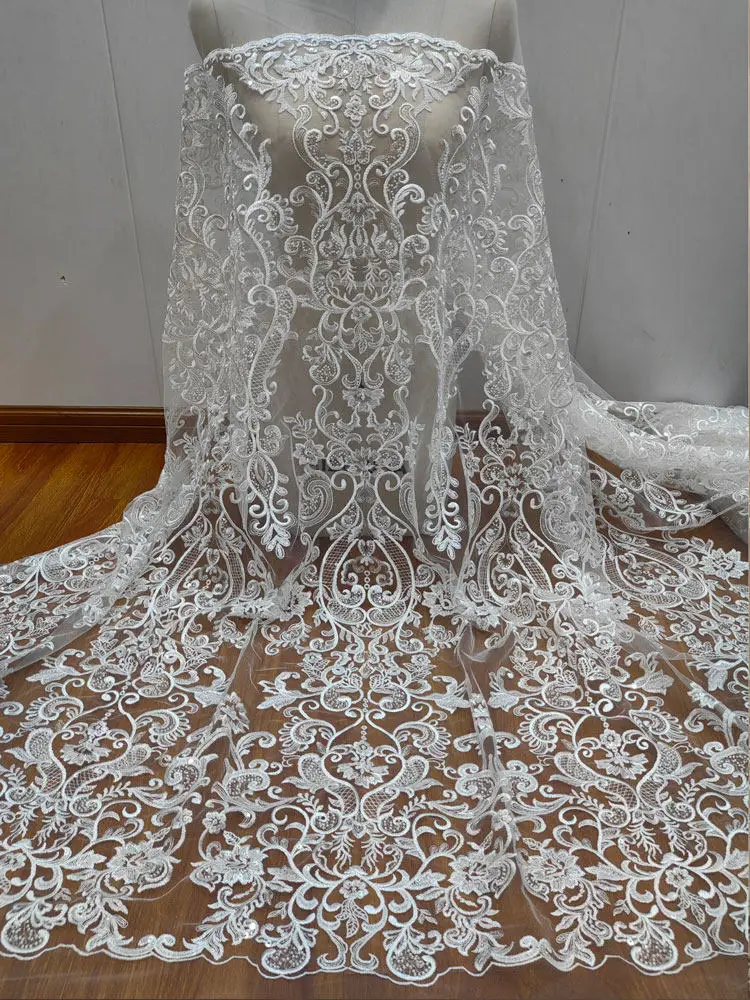 Premium classic Chinese embroidered beaded white sequin lace tulle ideal for DIY wedding gowns and women's dresses adding charm