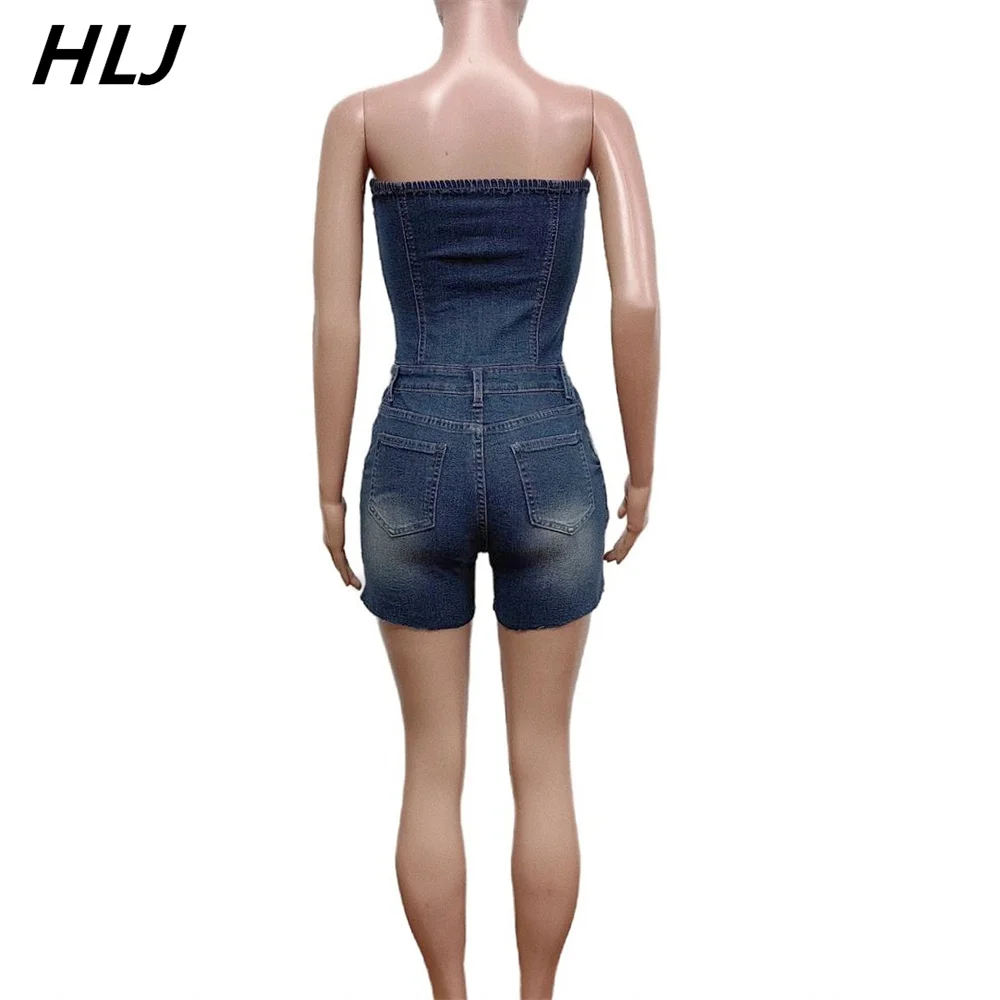 HLJ-Barboteuse une pièce brodée en denim pour femme, dos nu, batterie, combinaison, cowboy sexy, combishort slim, 2024