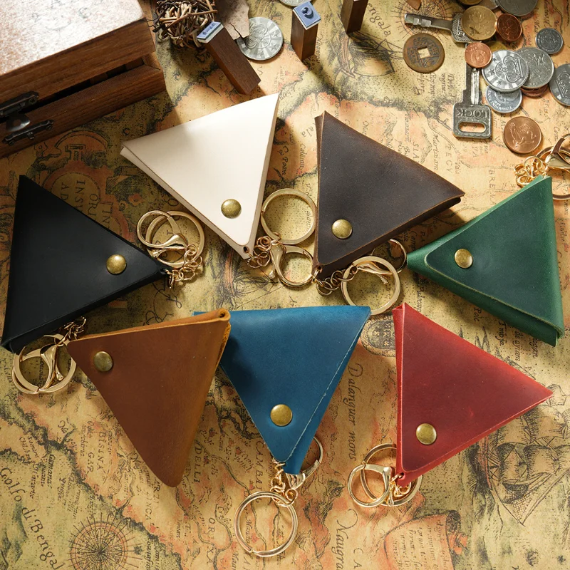 

High-end Leather Coin Purse With Key Ring Simple Triangle Hasp Coin Holder Handmade Practical Cowhide Leather Small Bag