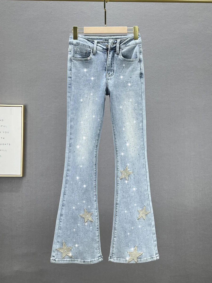 

Модные женские джинсы с высокой талией, облегающие, весна 2024, новый стиль, расклешенные, с карманами, вышивкой, из хлопкового стрейч-денима