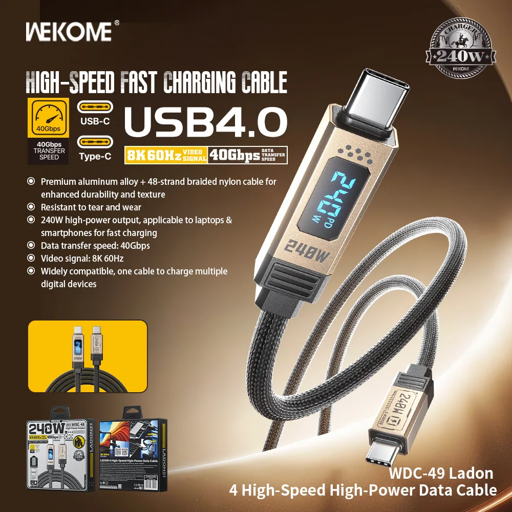 WEKOME's new 240W digital display data cable is suitable for Apple 17 mobile phones, laptops, and tablets, offering super-fast charging