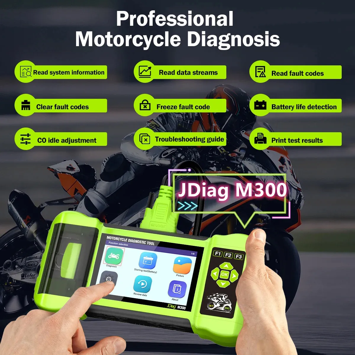 JDiag M300 Motorcycle Diagnostic OBD2 Scanner Moto Diagnose Tool Clear Fault Code ABS Engine For Yamaha BMW Ducati Harley Honda