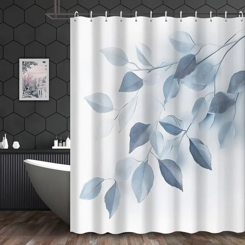 Nordic Blue Gradient Leaf Print Shower Curtain No Drilling Waterproof Bathroom Decor with 12 Hooks