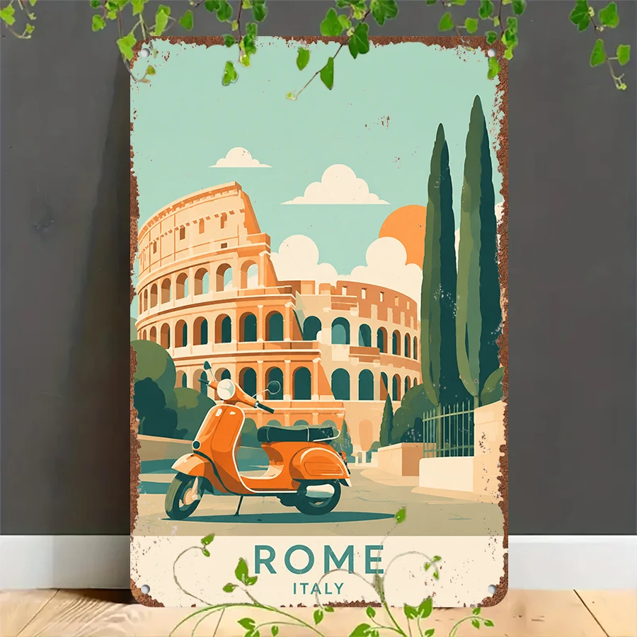 2D flat retro metal tin plate, Vintage Rome Italy Travel Metal Wall Sign, Suitable for home, garage, café, bar and garden decoration