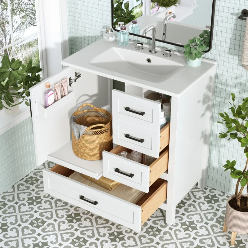 

30" White Bathroom Vanity with Sink Combination Set, Bathroom Storage Cabinet with Soft Close Door, 3 Soft Close Drawers