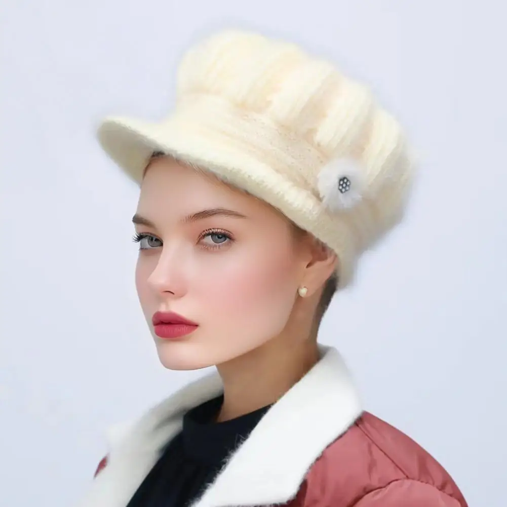 

Women Autumn Hat Stylish Women's Knitted Winter Hat with Extended Brim Plush Material Solid Color Flower Decor for Cold