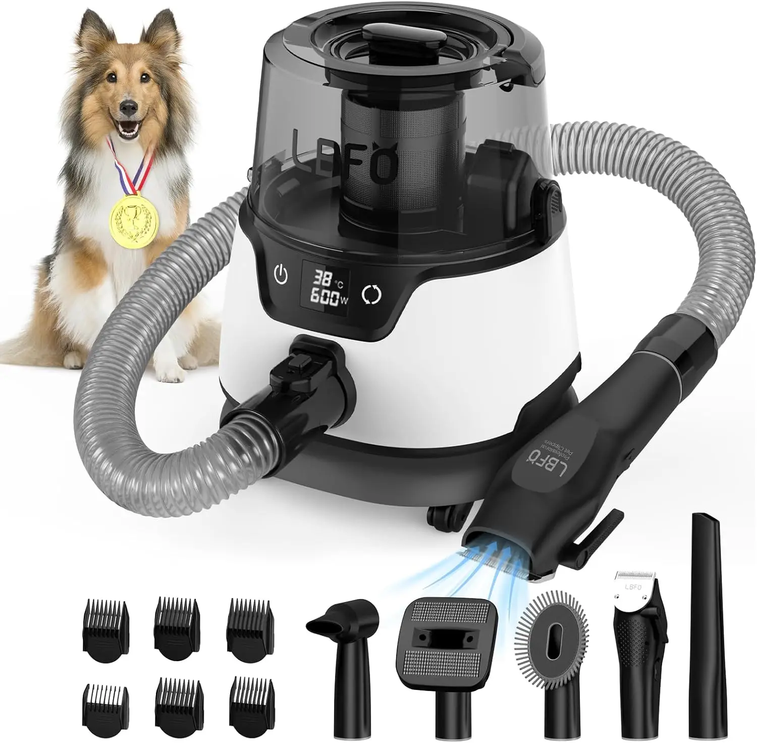 Dog Grooming Vacuum, Pet Grooming Vacuum and Dog Dryer with 6 Pet Grooming Tools, 600w Dog Grooming Kit with 3L Dust Cup, Low No