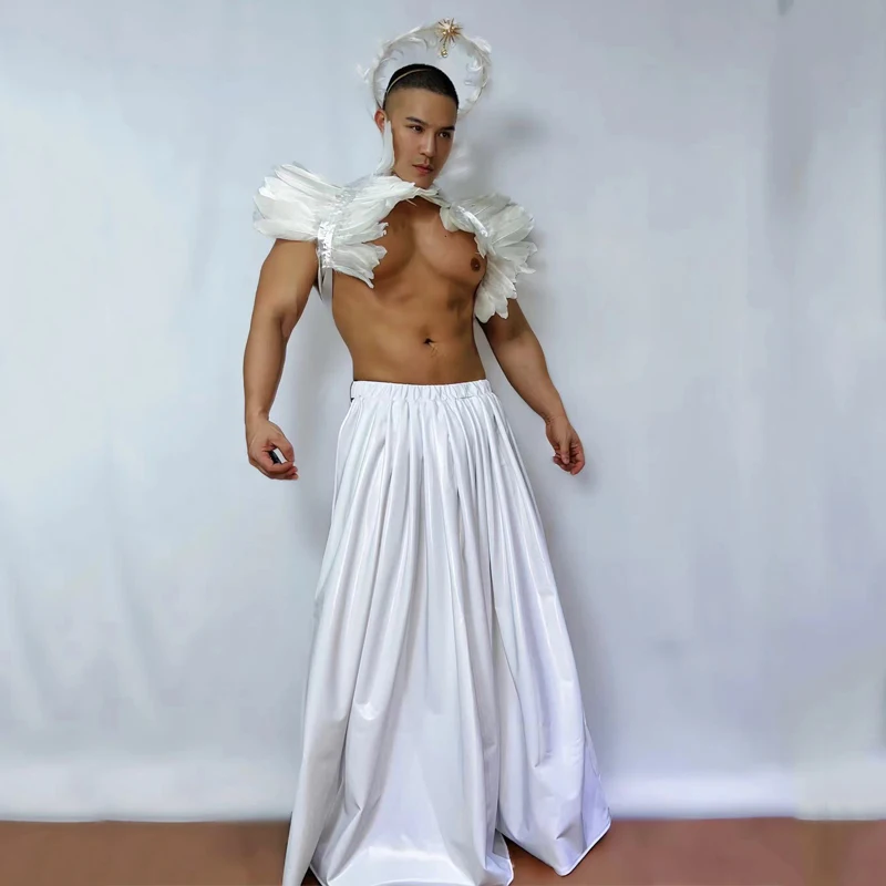 Fashion Men Sexy Pole Dance Gogo Costume White Wings Long Skirt Nightclub Ds Dj Rave Outfit Man Stage Performance Wear XS7629