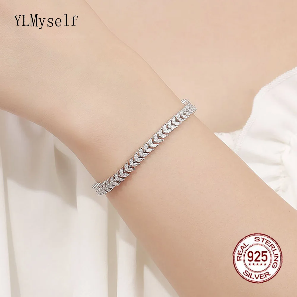 Solid Real 925 Silver Bracelet Pave Shiny 1.5*3 mm Horse eye Cubic Zircon 15-19 CM Length Elegant Fine Jewelry For Women