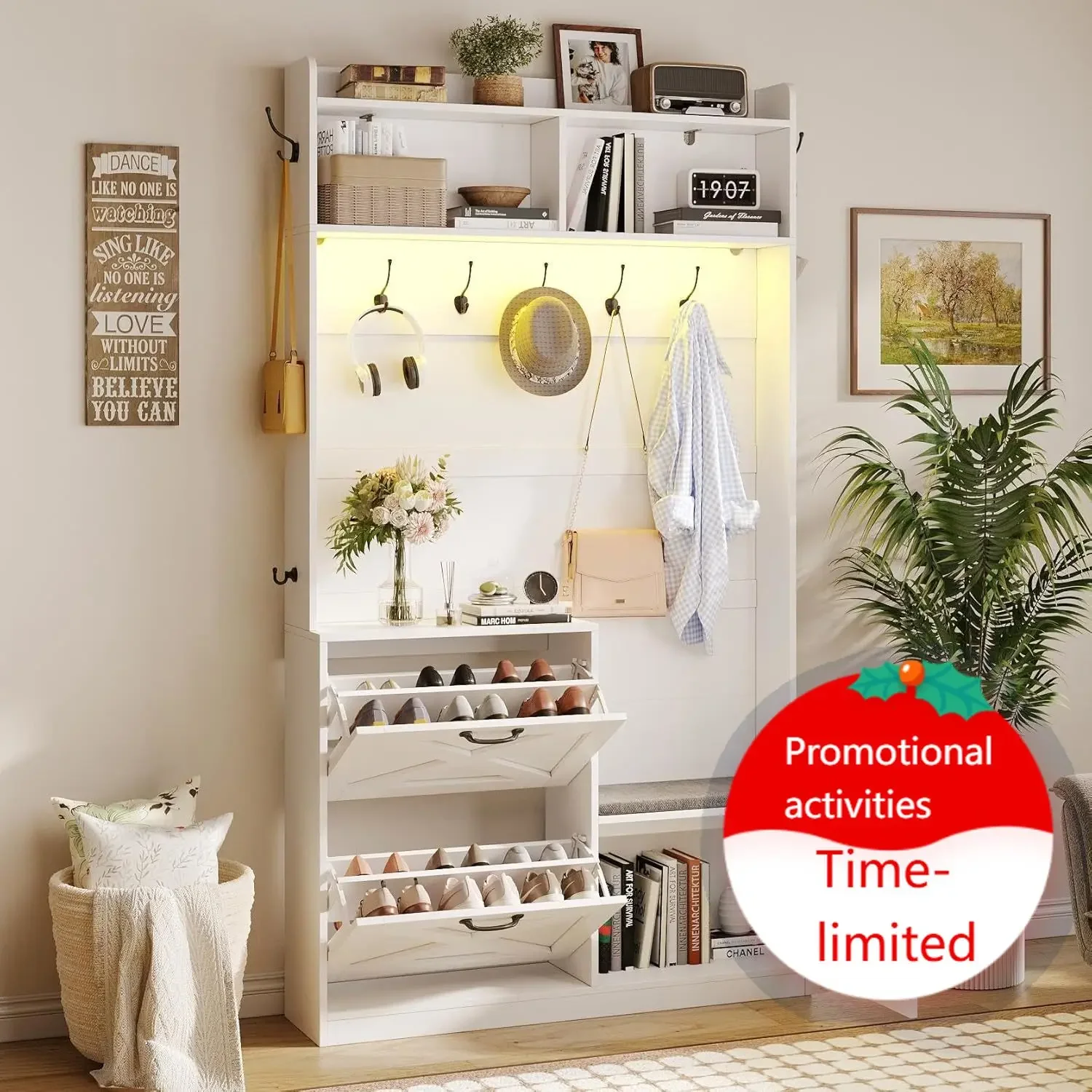 Narrow hall tree with bench and shoe storage 78 inch 5-in-1 LED light cushioned stool 9 hooks