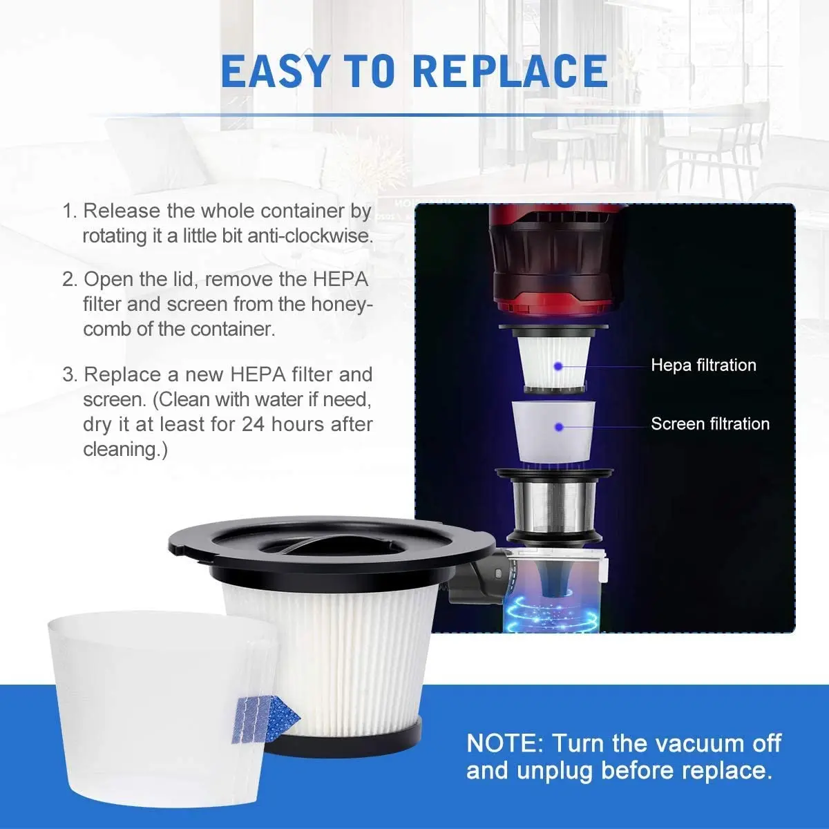 عبوات A09G-4 من فلاتر HEPA القابلة للاستبدال، مناسبة للمكنسة الكهربائية اللاسلكية MOOSOO K17 (4 مرشحات HEPA و4 مرشحات)