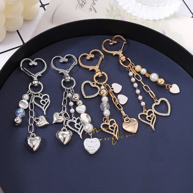 Cute Imitation Pearl Keychain Metal Love Heart Bow Pendant Keyrings For Women Car Key Holder Handbag Key Chains DIY Gifts