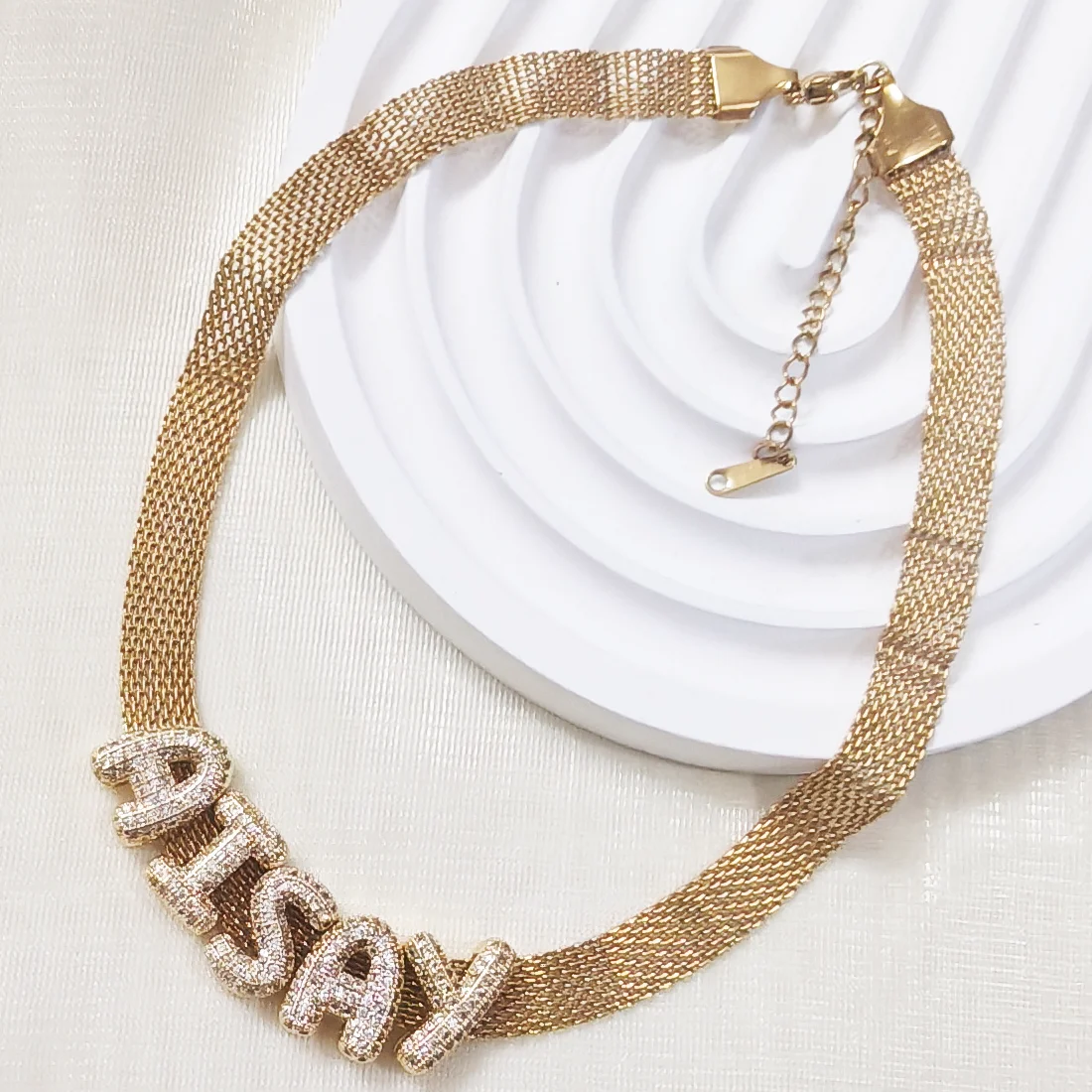 

Customized stainless steel name collarbone chain zircon large letters DIY name woven mesh necklace jewelry gift
