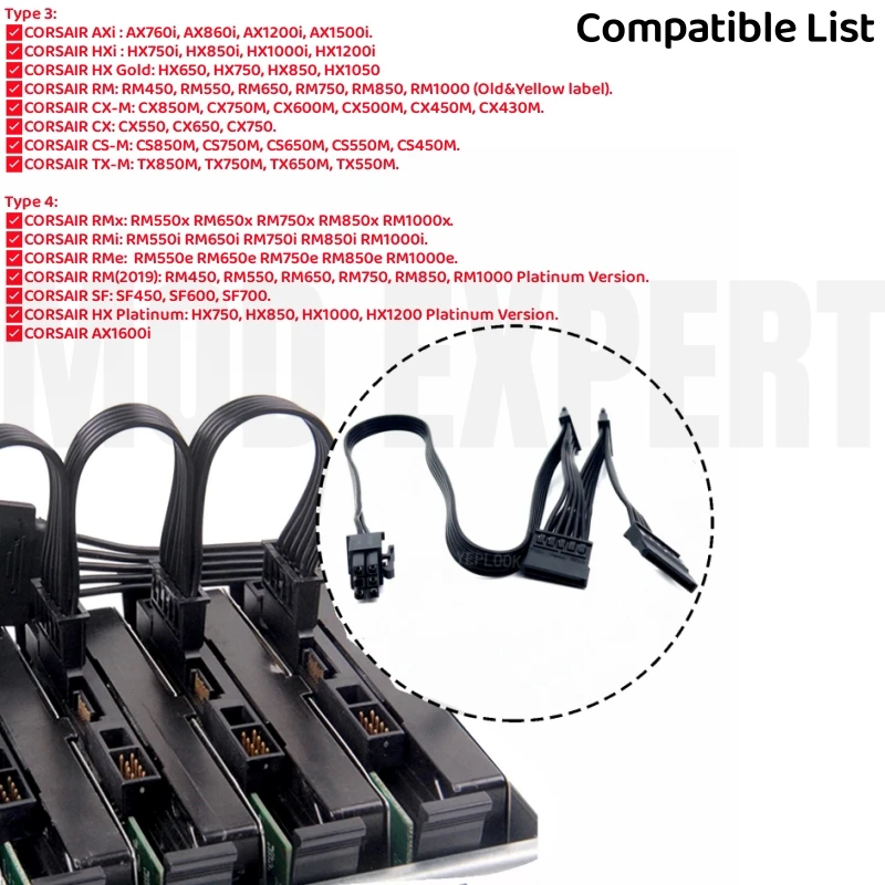 6Pin auf 4x SATA gerade, HDD SSD Stromkabel für Corsair CX850M, CX750M, CX650M, CX600M, CX500M, CX450M, 18AWG, 50+15+15 CM