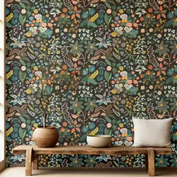 Botanical Motifs  Peel and Stick Wallpaper ,Green Leaf Wall Paper  Wall Decor /Home Decor ,Black Background Wall Prints Paper