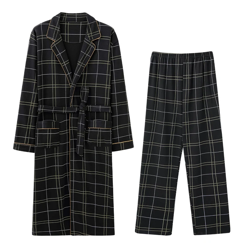 Men’s Cotton Robe Long Sleeve Kimono Bathrobe With Long Pants 2pcs Robes Set Sleepwear Spring Autumn V-Neck Plaid Pijamas Hombre