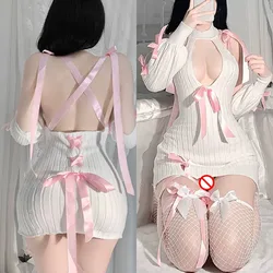 Bow Lace Hollow Out Women Sexy Backless Cute Tempatation Cosplay Costumes Sweet Long Sleeve Turtleneck Sweater Open Chest Dress