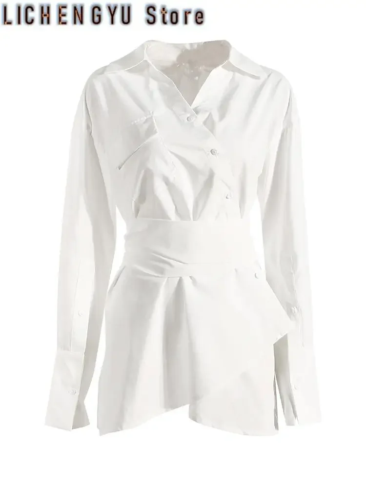 

Women White Irregular Bandage Slit Shirt Dress New V-Neck Long Sleeve Loose Fit Fashion Tide Spring Autumn