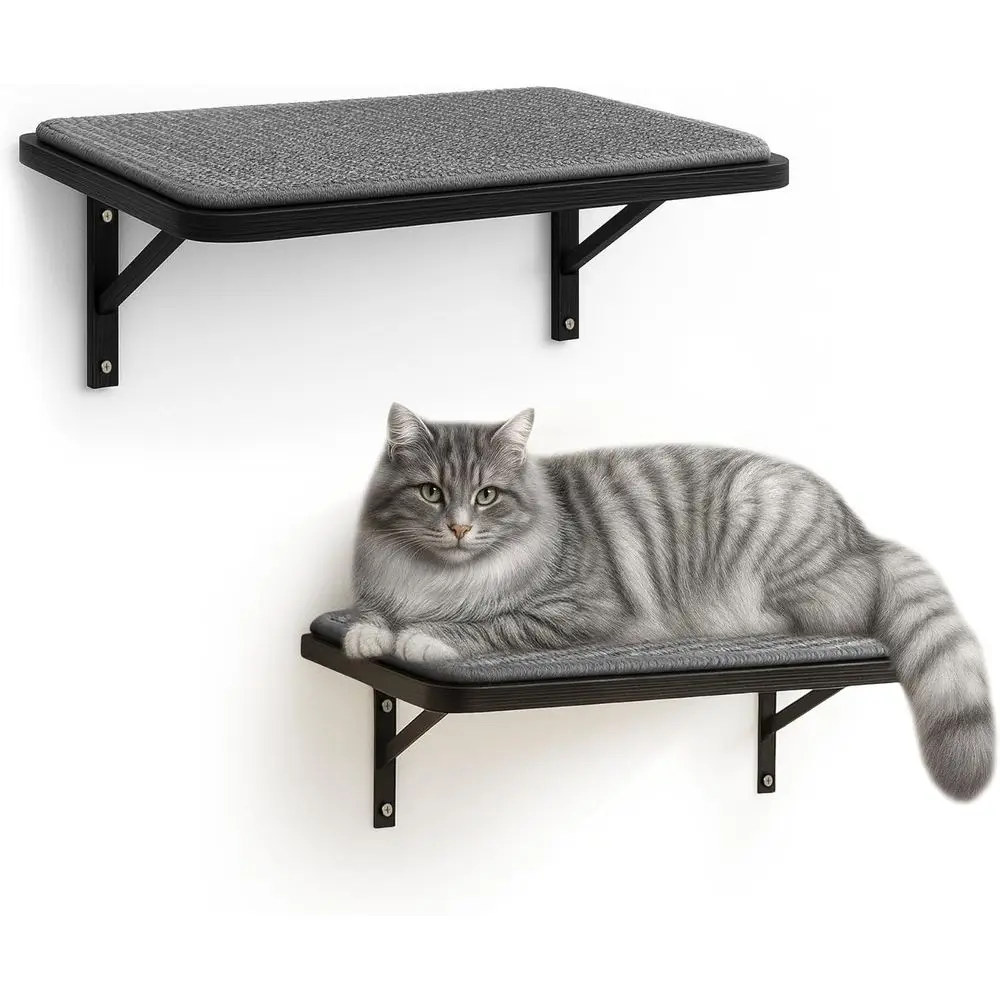 

Настенные полки для кошек, комплект из 2 штук, черные, из массива дерева, с серой сизалевой подушкой, настенные, экономящие место, ClimShel, Windo