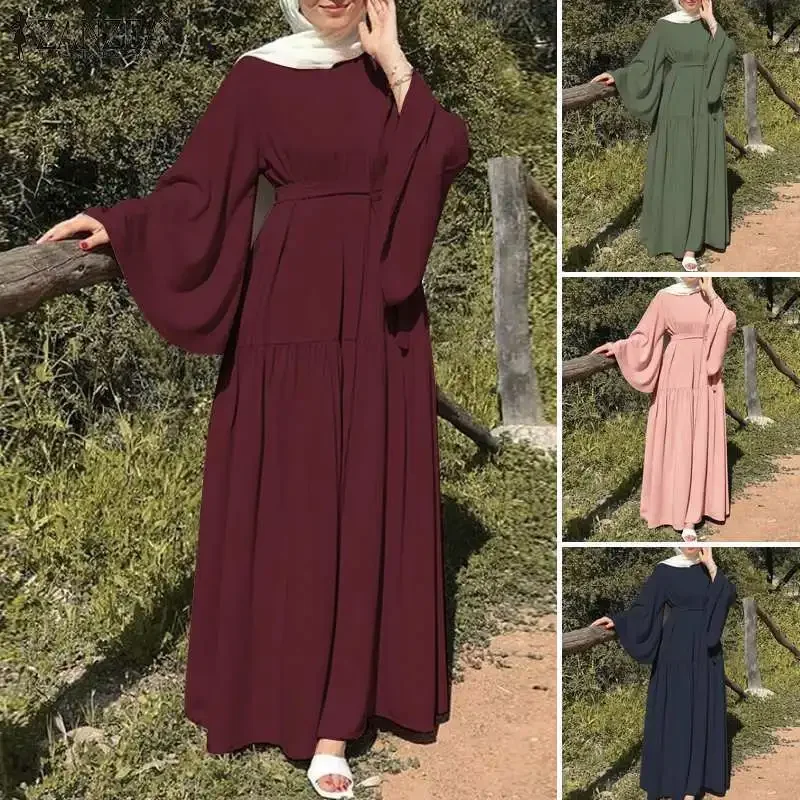 Long-sleeved Muslims Dubai Abayas Fashion O-neck Dress for Women Spring Solid Color Casual Robe Female Islam Clothes with Belt